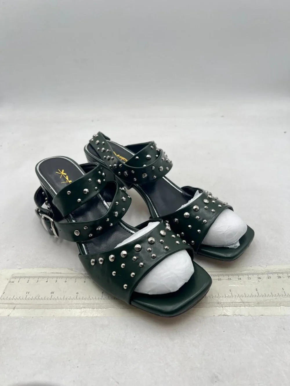 XYD Green Crossover Ankle Straps Block Mid Heel Sandals with Studs Open Toe Shoe